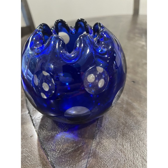Cobalt Blue Cut to Clear Art Glass Rose‎ Bowl Vase Dots Ruffled Top 4" - Picture 7 of 9